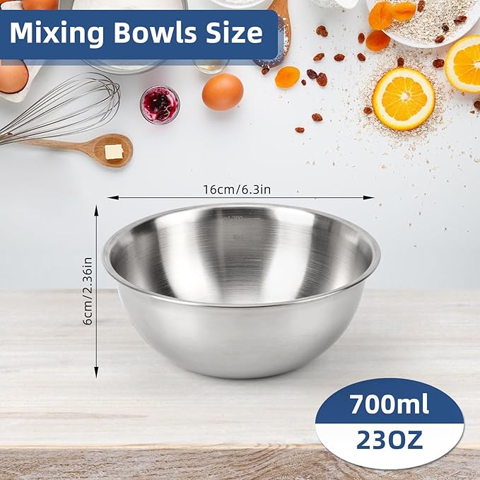 3-Piece Stainless Steel Mixing Bowls (6.3") Metal Bowl Set with Measurement Marks, Dishwasher Safe & Stackable - Perfect for Baking, Salad Making, Meal Prep