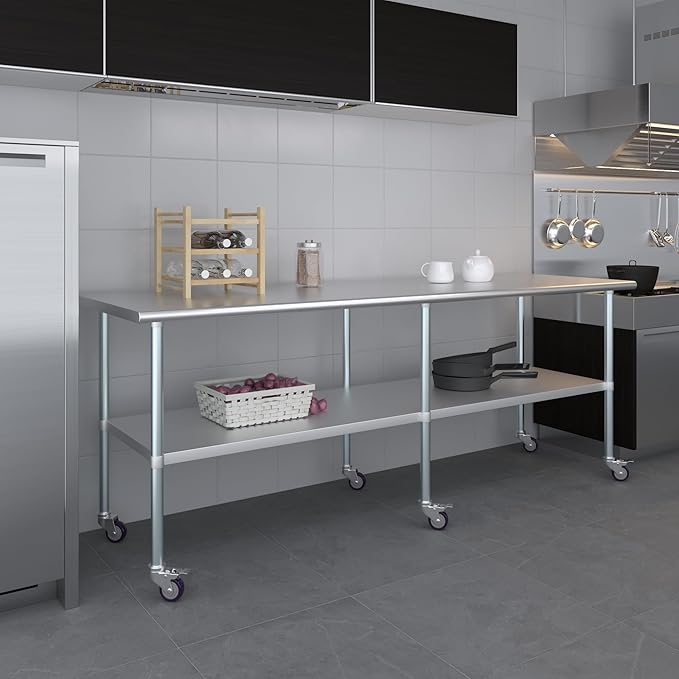 AmGood 96" Long x 30" Deep Stainless Steel Table with Casters