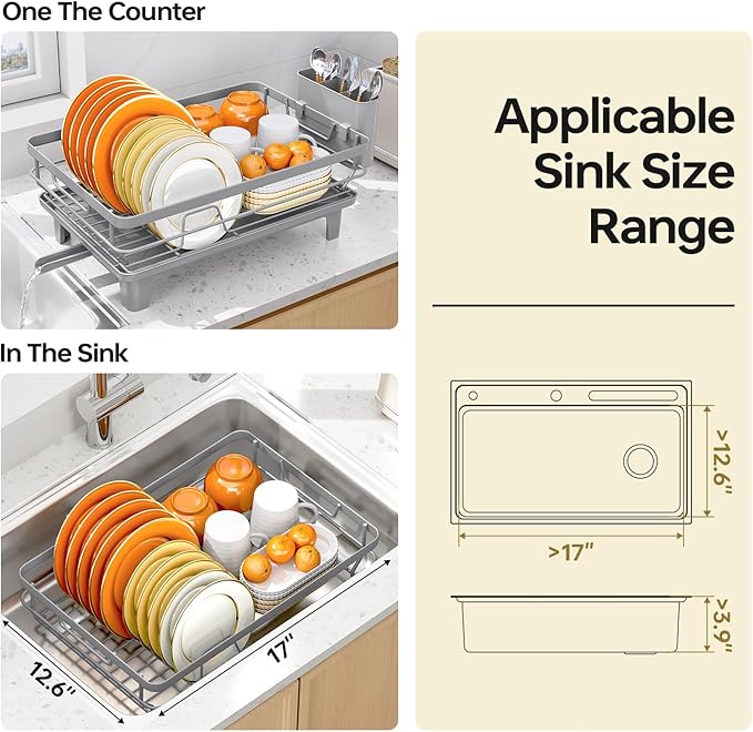 TOOLF Space-Saving Dish Drying Rack, Multifunctional Dish Rack for Kitchen Counter,Sink Dish Drainer Rack, Dishes Strainer with Drain Board & Cutlery Holder, Compact Dryer Rack,Gray
