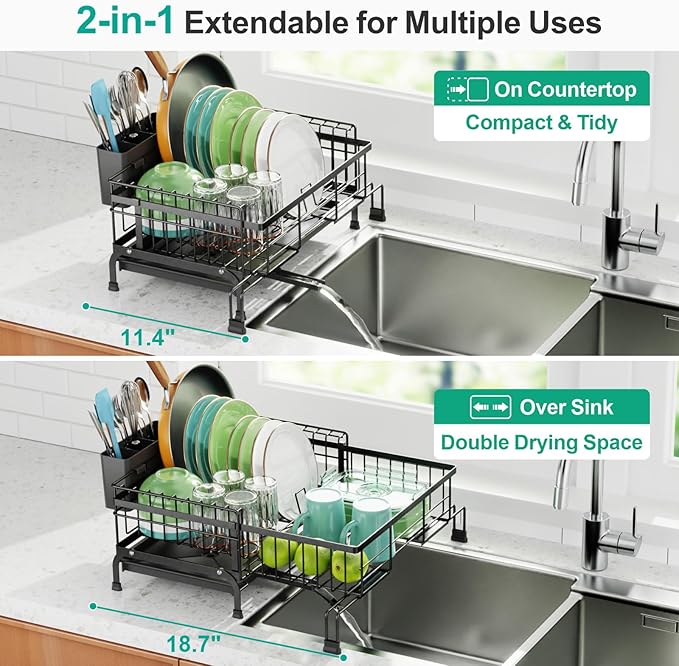 Swedecor Extendable Dish Drying Rack - Compact Dish Rack for Kitchen Counter, Over-The-Sink Dish Strainer with High Enclosed Fence, 360° Swivel Drain Spout, Rustproof, 10"–18.9" L × 15.6" W, Black