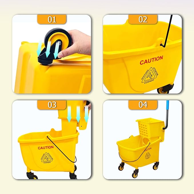 33 Quart Commercial Mop Bucket, with Side-Press Wringer on Wheels. Includes an Industrial Mop. Yellow Industrial Mop Bucket, Suitable for Home, Commercial, Restaurant Cleaning