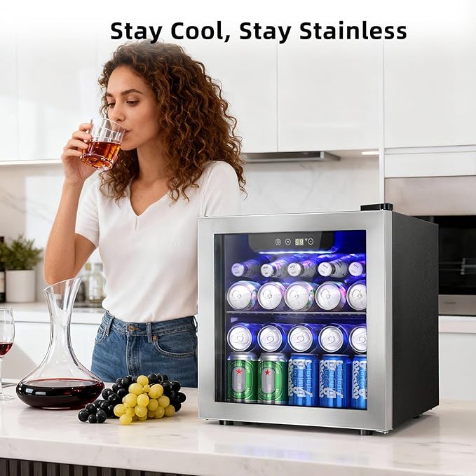 Antarctic Star 48 Can Beverage Refrigerator, 12 Bottle Mini Fridge with Seamless Stainless Steel Glass Door, Digital Temperature Display, Countertop Wine Cooler for Home Bar, Office, Kitchen, Silver
