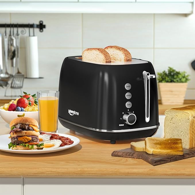 2 Slice Retro Stainless Steel Toaster with Bagel, Cancel, Defrost Function and 6 Bread Shade Settings Bread Toaster, Extra Wide Slot and Removable Crumb Tray (Black)