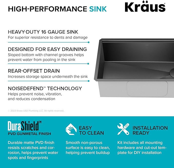 KRAUS Kore Workstation 32-inch Undermount 16 Gauge Black Stainless Steel Single Bowl Kitchen Sink in PVD Gunmetal Finish with Accessories, KWU110-32/PGM