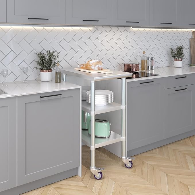 AmGood Stainless Steel Work Table with 2 Shelves and Casters | Metal Utility Table On Wheels (Stainless Steel Work Table with 2 Shelves + Casters, 18" Long x 30" Deep)