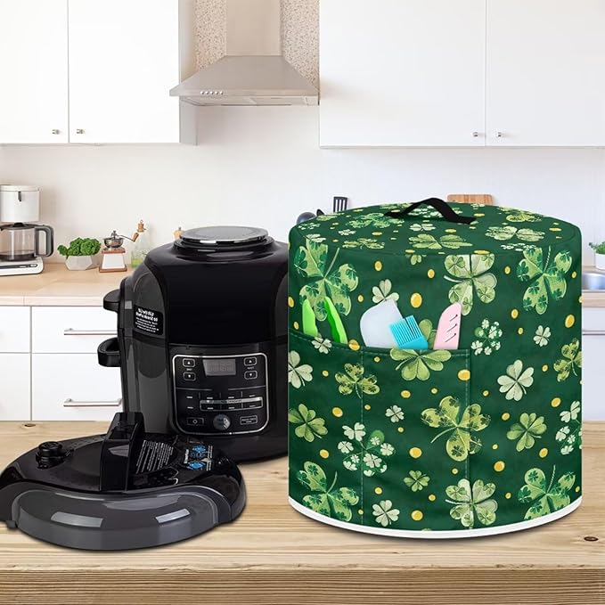 Xoenoiee Green Clover Print Kitchen Appliance Dust Cover with Pockets, Electric Pressure Cooker Cover Compatible with Crock Pot for St.Patrick's Day Decor, Rice Cooker Covers, for 3 Qt