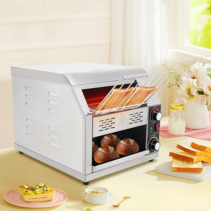 1900W Commercial Conveyor Toaster, 1-7 Gears Electric Stainless Steel Restaurant Toaster Oven with Grid & Crumb Tray Maximum Heating 300°C/572°F for Restaurants, Hotels (300 Slices/Hour)
