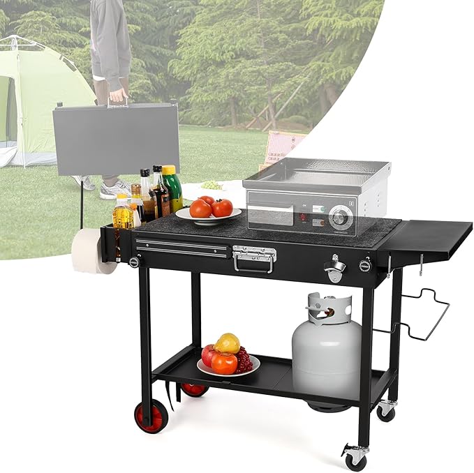 IRONWALLS Outdoor Grill Table Cart, 31"L x 17" W Folding Grilling Cart with Wheels, Portable Griddle Stand Pizza Oven Table, Food Prep Table, Wood-fire Grill Stand for Barbecue, Camping