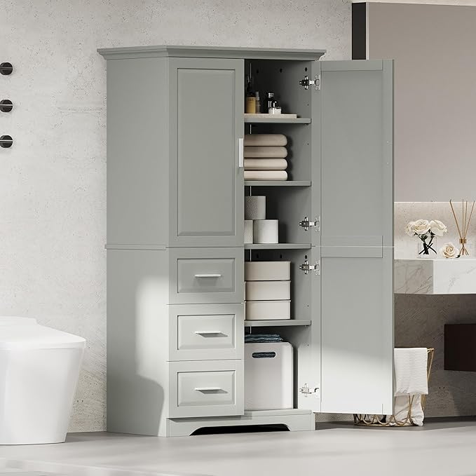 62.2" Wide Storage Cabinet Pantry Cupboard with Doors and Drawers for Home Kitchen, Bathroom and Living Room, Adjustable Shelf, White