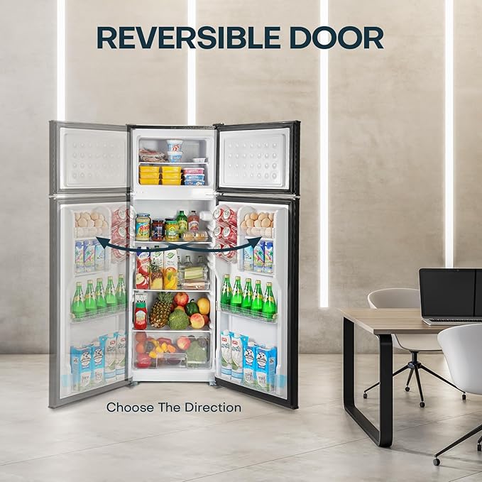 Upstreman 7.7 Cu.Ft. Refrigerator with Freezer, Double Door Fridge, Adjustable Thermostat, Large Capacity, Reversible Door Swing, Refrigerator for Apartment, Office, Dorm, Black（BD75）