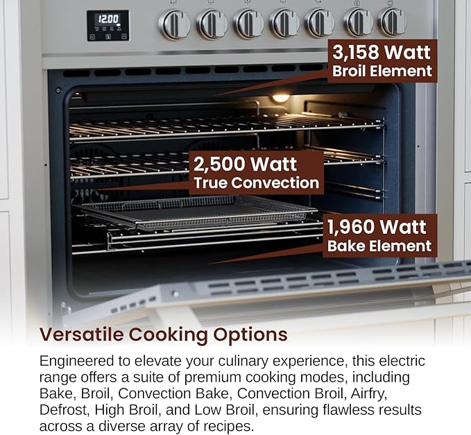 Rangaire RRE361TS 36" Electric Range Oven with Timer - Stainless Steel, Infrared Stove Burners, True Convection, Easy Reach Racks
