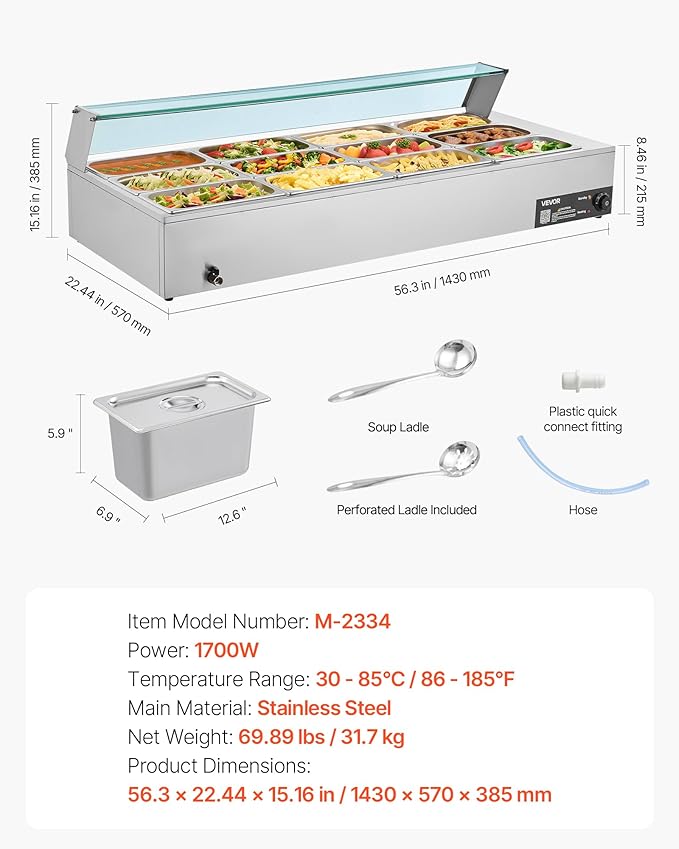 VEVOR Commercial Food Warmer, 1700W Electric Stainless Steel Steam Food Warmer with Glass Cover, 12-Pan Countertop Buffet Bain Marie with Soup & Perforated Ladles, for Catering, Restaurant & Party
