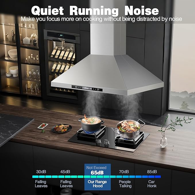 Island Range Hood 36 inch 700 CFM Ceiling Mount Kitchen Hood Vent with Gesture Sensing &Touch Control,Ducted/Ductless Convertible,3 Speeds Fan,4 LED Lights,Stainless Steel,Aluminum Filters