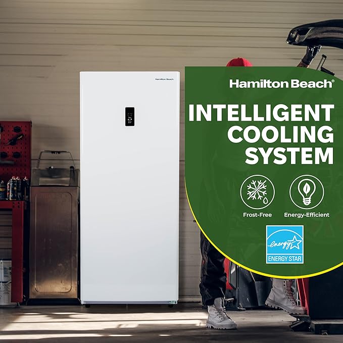 Hamilton Beach 17 cu ft Upright CONVERTIBLE Fridge/Freezer-Frost Free-Reversible Door-Removable Glass Shelves-LED Interior Light- Electronic Temperature Control, Energy Efficient, White, 17 cu. ft.