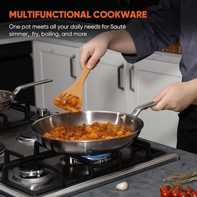 10 Inch Stainless Steel Frying Pan - 5 Ply Stainless Clad Skillet with Aluminum Core, Durable and Even Heating, Professional Cookware for Induction, All Stoves, Oven and Dishwasher Safe