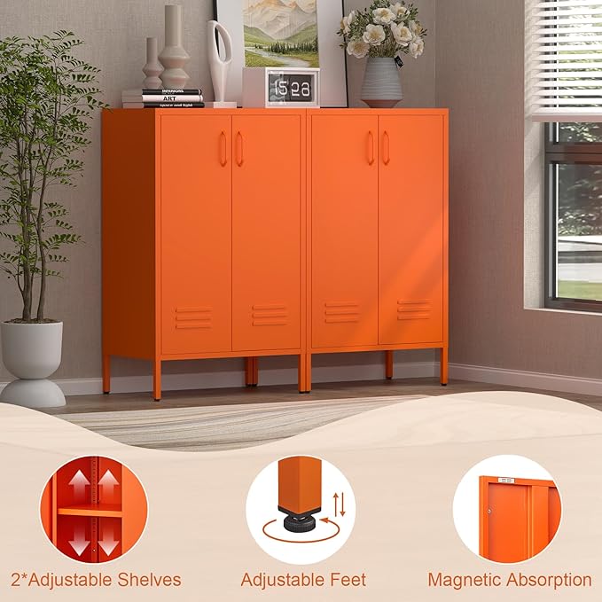 Metal Locker Cabinet,Morden Storage Cabinet with 2 Adjustable Shelves,Metal Storage Cabinets with 2 Doors for Home Office.Entryway,Orange