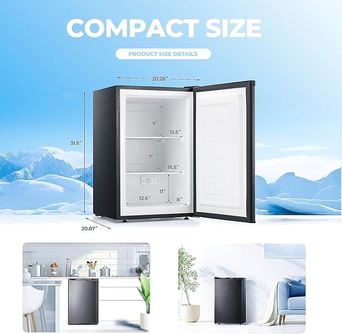 3.0 Cu.ft Small Freezer, Mini Upright Freezer with 7 Adjustable Thermostat, Removable Shelves, Reversible Single Door, for Bedroom/Home/Dorms/Apartment (Black)