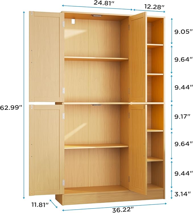 63" Tall Oak Kitchen Pantry, Freestanding Storage Cabinet with 4 Doors, Adjustable Shelves for Dining Room, Laundry Room