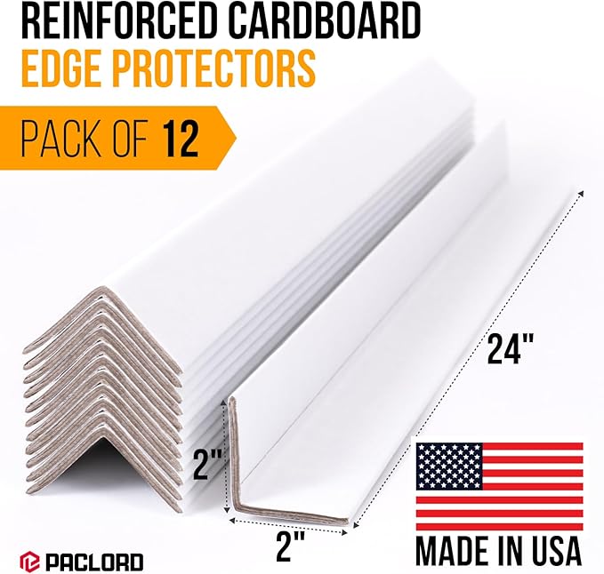 24" x 2" x 2" Reinforced Cardboard Edge Protectors, White (Pack of 12) – 0.16" Thick Heavy-Duty Cardboard Corner Protectors for Shipping – American Quality V-Board Pallet Edge Protectors