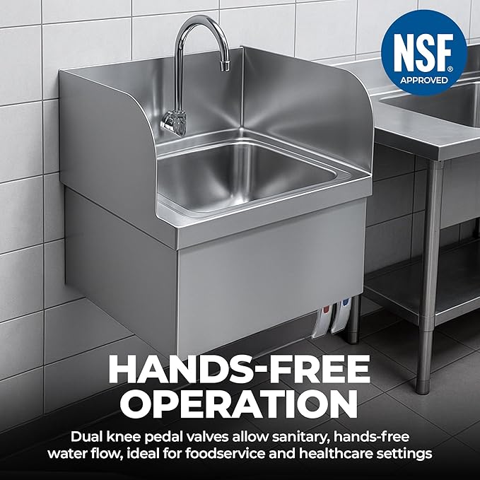 Stainless Steel Hands-Free Wall-Mounted Hand Sink – 17" x 15" with Knee Pedals, Faucet & Side Splash Guards – NSF Certified