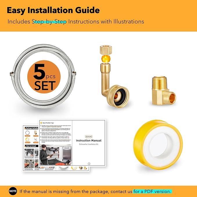 Dishwasher Installation Kit, 8 FT Stainless Steel Braided Dishwasher Water Supply Line with Food-Grade PEX, 3/8" x 3/8" MIP & 3/8" x 3/4" FHT Elbow Connectors