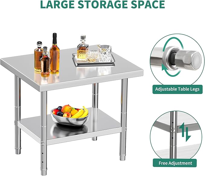 YITAHOME NSF Stainless Steel Table, 30" X 24" Work Table, 2 Shelves Metal Prep Worktable for Home Kitchen Restaurant Garage Warehouse Outdoor