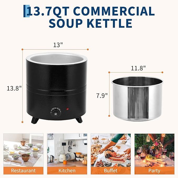 13.7QT Commercial Grade Soup Warmer Kettle with Hinged Swing Lid and Detachable Stainless Steel Insert Pot, Electric Soup Pot for Restaurants, Catering, Buffet, Party, Big Family