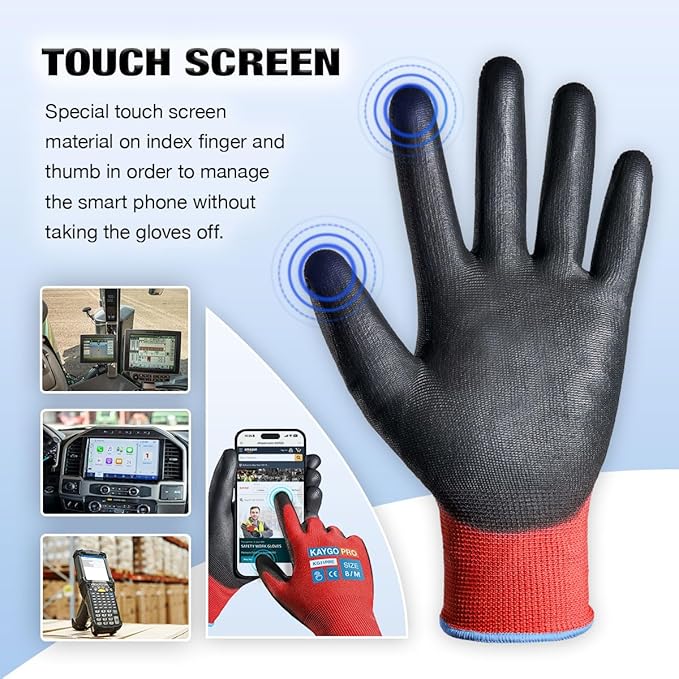 KAYGO Safety Work Gloves PU Coated for Men and Women- KG11P,12 Pairs,Seamless Knit Glove with Two Fingers Touchscreen,Ideal for General Duty Work (Red,L)