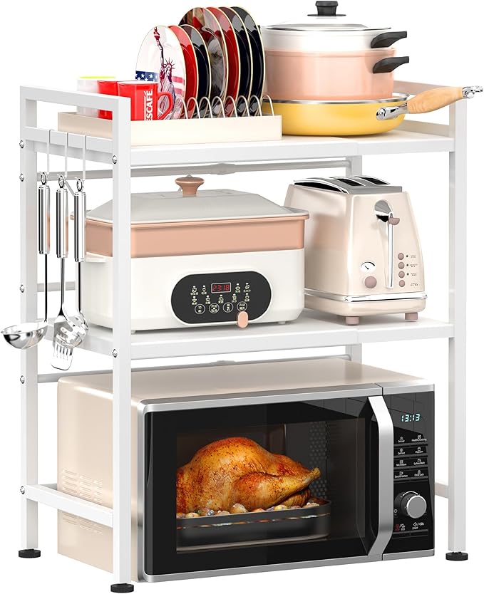 PUSDON Microwave Oven Rack, Adjustable Shelf Organizer 3-Tiers with 3 Hooks, & 160lbs Capacity for Kitchen Counter, White