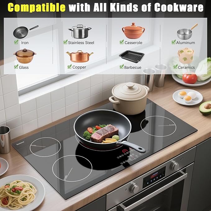 Karinear Electric Cooktop 36 Inch, Upgrade Sensor Touch 5 Burners Electric Stove Top, Built-in Ceramic Cooktop, Pause, Timer, Safety Lock, Triple Ring Expandable Burner,9400W, 220V