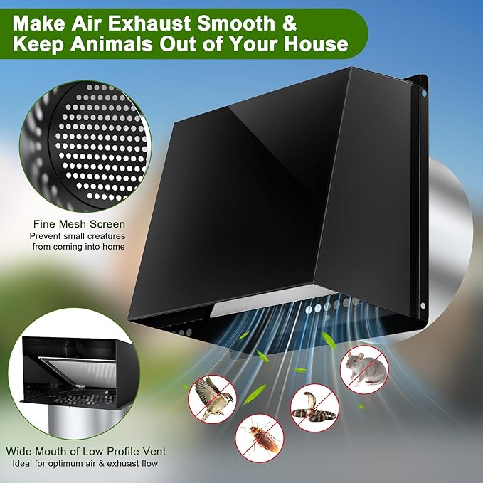 6 Inch Hooded Wall Vent, Dryer Wall Vent Cover Outside with Screen and Damper, Wall Exhaust Vent Cover, Outdoor Air Vent Cap for Range Hoods/Kitchen/Bathroom/Laundry/Basements/Garages, Black