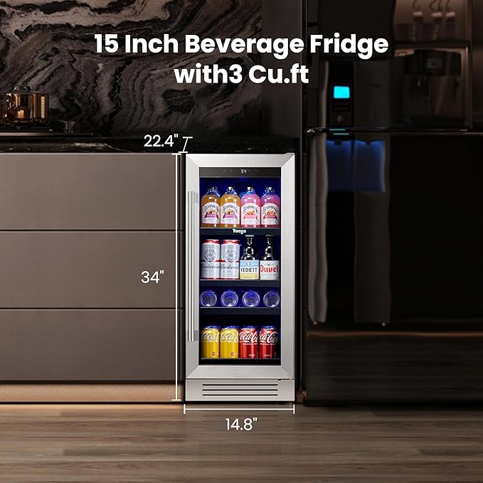 Yeego 15 Inch Beverage-Refrigerator, Beverage Cooler Stainless Steel Refrigerator Built-in or Freestanding, Small Wine Fridge with Glass Door, Drink Fridge for Beer, Soda, Wine