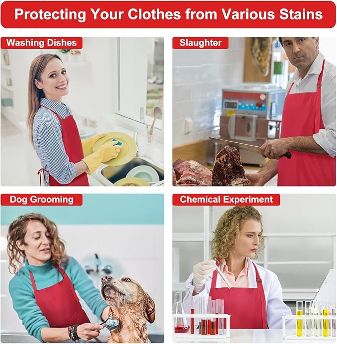 3-Layer Waterproof Apron - Pocket-Free Hygienic Design for Dishwashing & Dog Grooming - Lightweight Durable Protection for messy Kitchen Cooking, Baking, for Men & Women (3 Pack,Red)