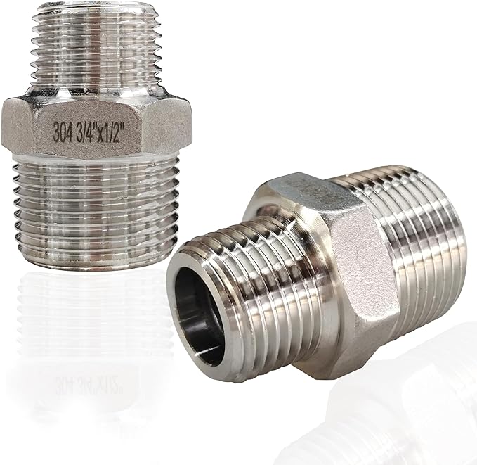 ZOUNI 2pcs Reducing Hex Nipple, 304 Stainless Steel 3/4" NPT Male x 1/2" NPT Male Pipe Fitting Reducer Nipple Adapter 2000psi Reducer Straight Connector(2pcs, 3/4"-1/2")