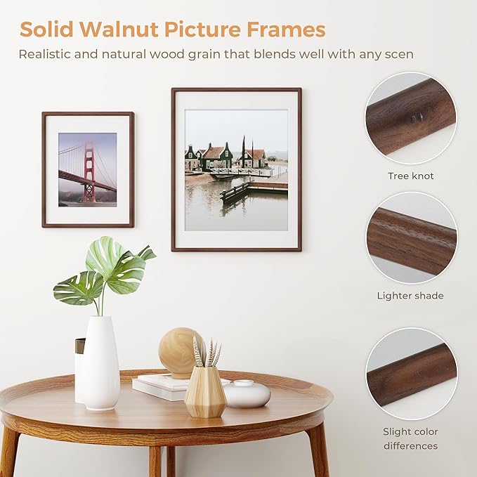 Axeman 16 x 20 Walnut Frame Set of 3 - Rounded Corner 16x20 Picture Frame Matted to 11x14 - Natural Walnut Wood Photo Frame with Tempered Glass for Wall Mount Display