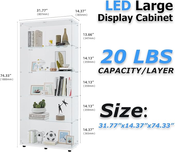 74" H 5-Shelf Glass Display Cabinet with Double Door, Modern Curio Cabinet Collection Display Case, Floor Standing Bookshelf Glass Case with Lock for Living Room,Home Office (White)