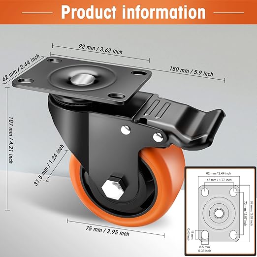 Casters, 3" Caster Wheels, Orange Polyurethane Castors, Top Plate Swivel Wheels, Casters Set of 4, Locking Casters for Furniture and Workbench, Heavy Duty Casters, 4 Pack Casters with Brake