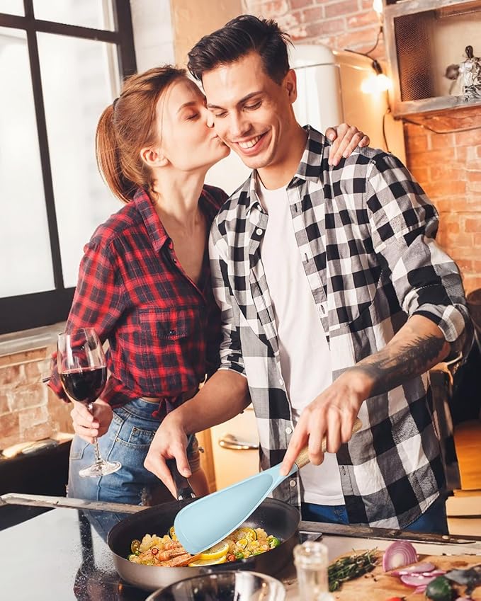Cooking Spoon for Nonstick Cookwares, Great for Cooking and Serving Sturdy BPA-Free Matte Silicone, Wood Handle Spoon for Mixing, Scoop, and Scrape (BLUE, 11.4 inch)