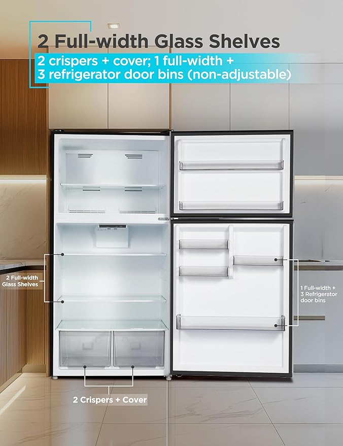 BLACK+DECKER 24 Cu. Ft. Top Mount Refrigerator with Freezer, 2 Door Refrigerator with Top Freezer and Adjustable Temperature Control, Full Size Kitchen, ENERGY STAR, BR2400JS, Stainless Look