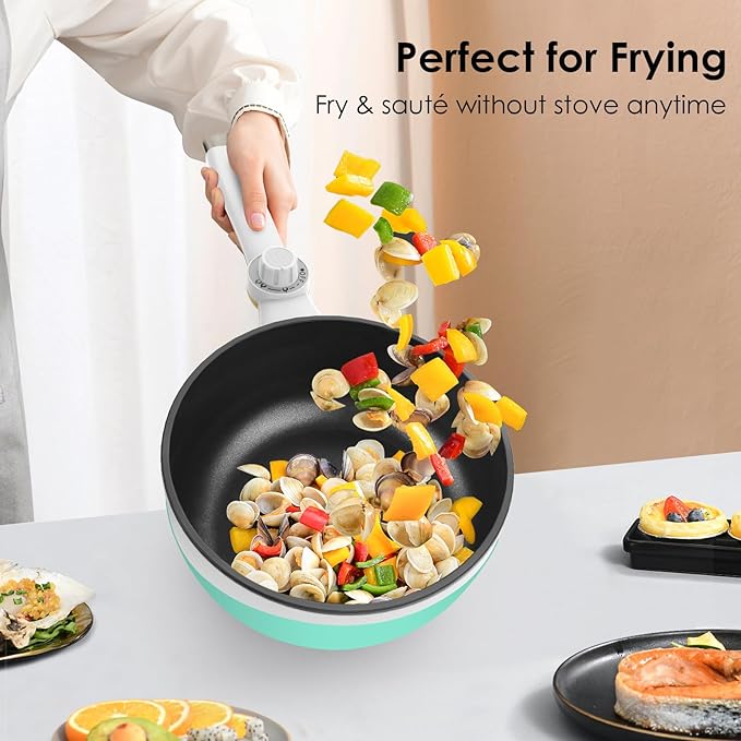 Audecook Hot Pot Electric, 1.7L Mini Electric Skillet Portable Nonstick Sauté Pan with Power Adjustment, Ramen Cooker Travel Multicooker for Steak/Soup/Egg/Oatmeal/Noodles (Tongs for Cooking Included)