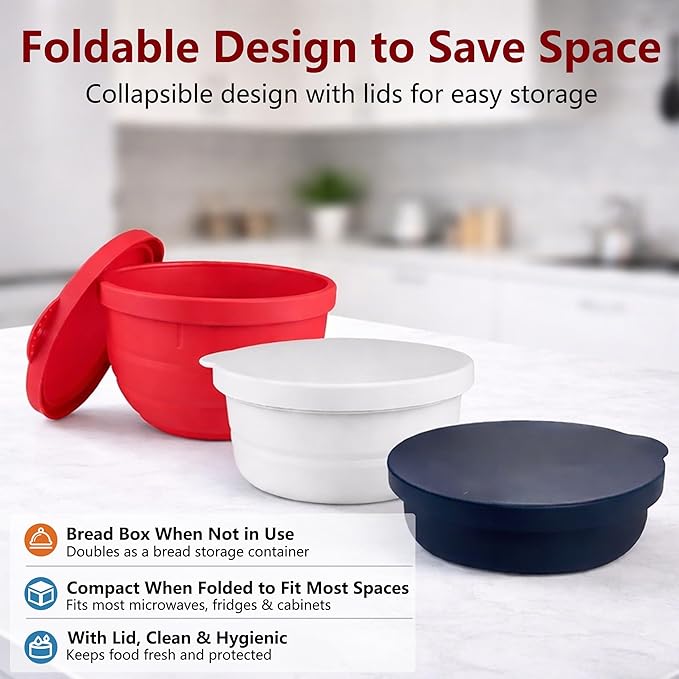 3Pcs Foldable Silicone Bowl Liners for KitchenAid Tilt-Head 5QT Mixer,Mixing Bowls Insert with Lids，Dishwasher-Safe Food-Grade for Stand Mixer Accessories and Attachments(Red,White and Black)