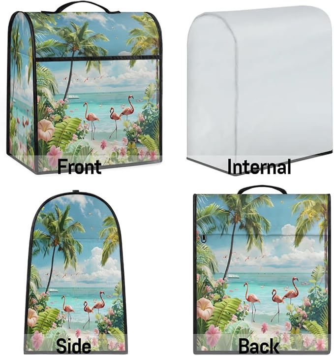 Kitchen Aid Mixer Cover Summer Flamingo Beach Flowers Stand Mixer Cover Compatible with 6-8 Quarts Stand Mixers, Dust Covers with Zipper Pocket Foldable Washable Kitchen Aid Organizer Bag