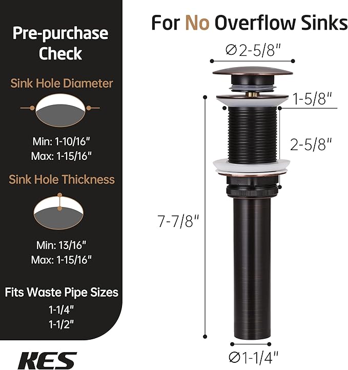 KES Bathroom Sink Drain Without Overflow Vessel Sink Lavatory Vanity Pop Up Drain Stopper Oil Rubbed Bronze, All Metal Rustproof Brass and 304 Stainless Steel, for 1.6"-1.9" Sink Hole, S2008D-ORB