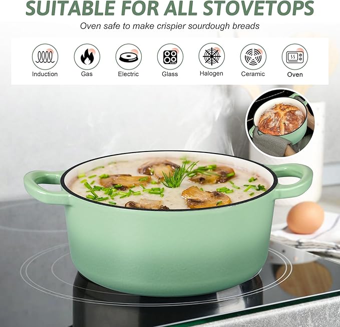 TeamFar Enameled Cast Iron Dutch Oven - 3QT Small Dutch Oven Pot with Lid - Heavy Duty Cast Iron Pot Cookware for Bread Baking, Braising, Stewing, Roasting, Pistachio Green
