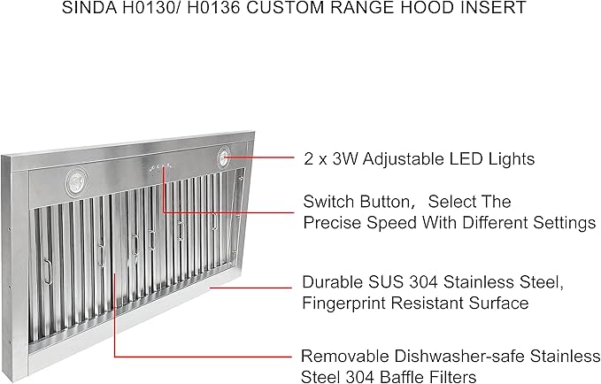 SINDA 30 Inch Built-In/Insert Range Hood, 4-Speed 610 CFM, Stainless Steel Under Cabinet Range Hood Kitchen Vent Hood with Liner and Internal Motor, 6" Duct, Adjustable Lights, Baffle Filter