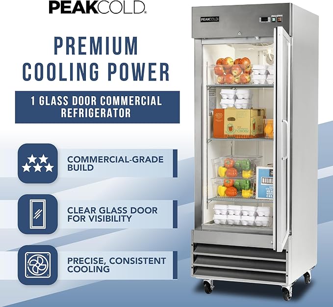 PEAKCOLD Single Glass Door Commercial Refrigerator - 23 Cubic Ft, 29" Wide Stainless Steel Reach-In Commercial Refrigerator with White Internal Lighting - Freestanding Industrial Fridge