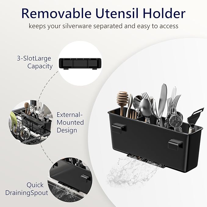 MIKEE Small Dish Drying Rack for Kitchen Counter, Expandable Rustproof Dish Drainer - Over The Sink Dish Drying Rack with 360° Rotating Drain, Kitchen Utensil Holder, Home and Kitchen Organization