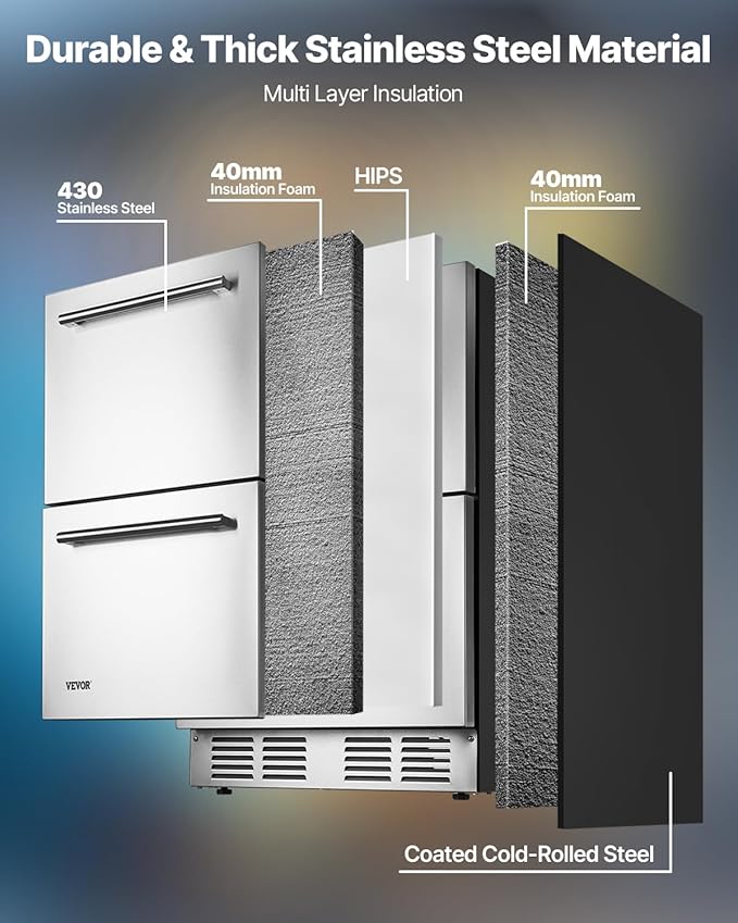 VEVOR Under Counter Drawer Refrigerator, 24 In Stainless Steel Fridge with Temperature Control, Dual Drawer Refrigerator with Powerful Compressor & LED Display, for Home, Office, and Commercial Use