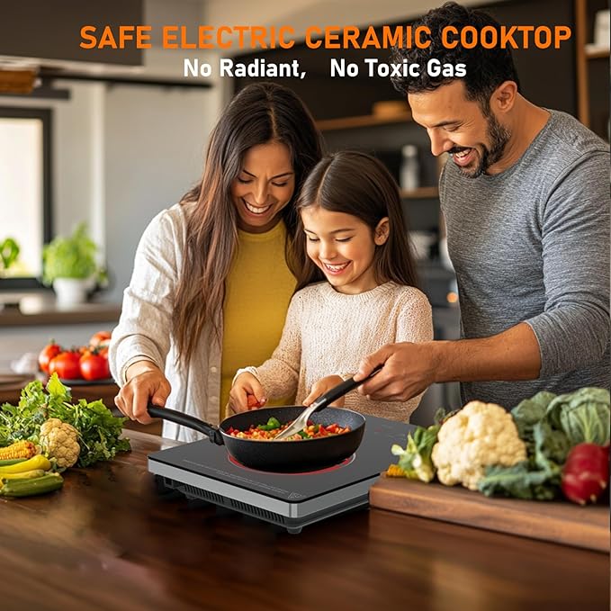 Electric Cooktop, TOPWISH 110-120V Electric Stove Top Single Burner Cooktop LED Touch Control, Child Lock, 10 Power Level, Residual Heat Indicator, 1300W Plug in Glass Countertop Burner for Cooking