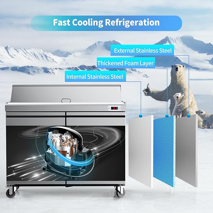 48" W Sandwich Salad Prep Table Refrigerator Commercial Refrigerator with 12 Pans Stainless Steel Fan Cooling Kitchen Equipment